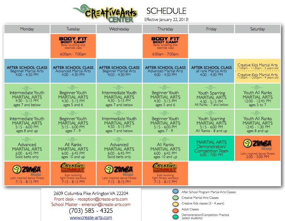 Creative Martial Arts Class Schedule